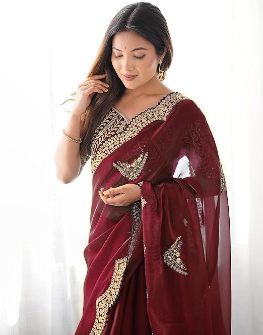 SIRIL Women's Organza Sequins Embroidery Scollped Border Saree With Unstitched Blouse Piece
